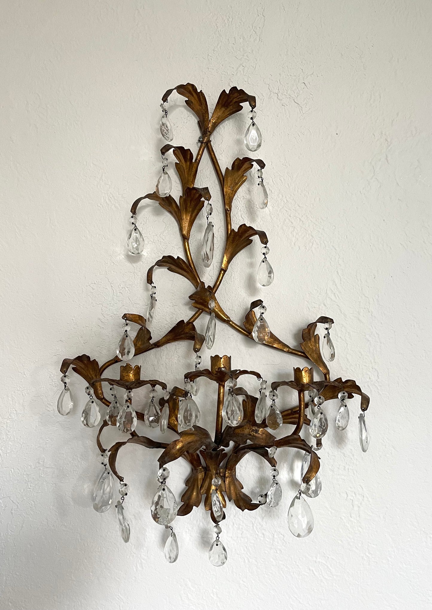 Vintage Hollywood Regency Florentine Metal Wall Sconce With Crystal Prisms