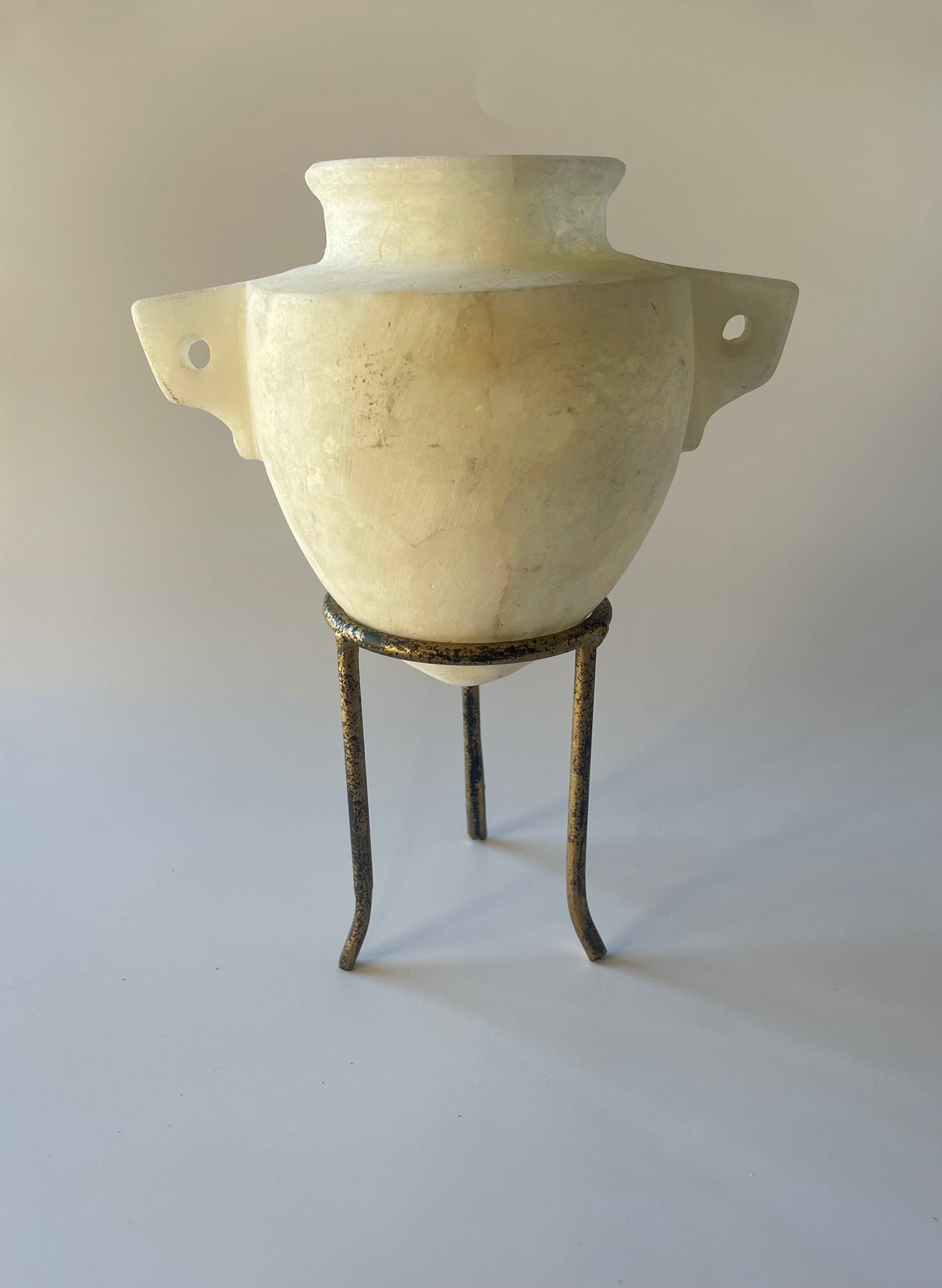 Egyptian Alabaster Vessel with Metal (bronze color) Stand