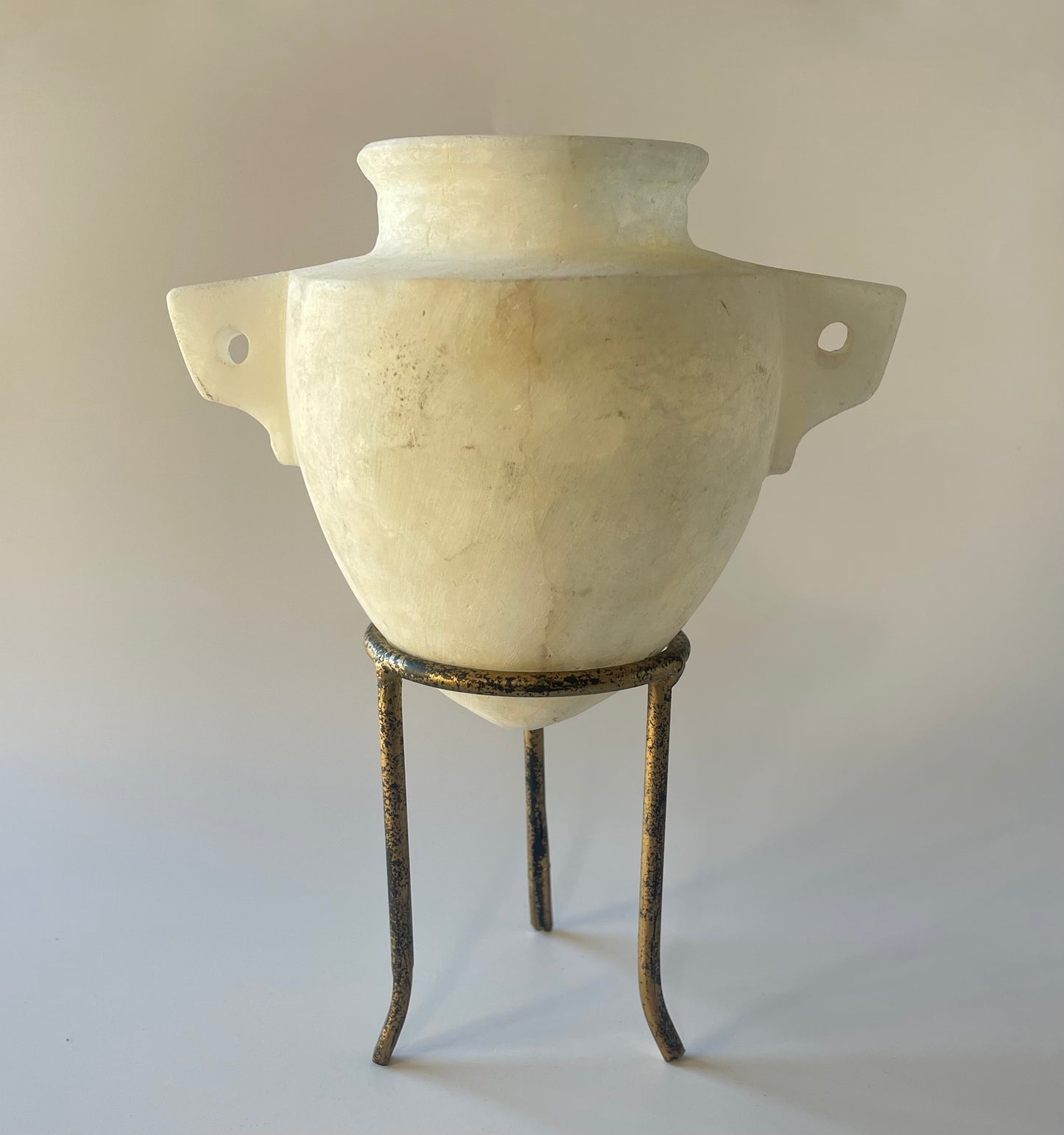 Egyptian Alabaster Vessel with Metal (bronze color) Stand