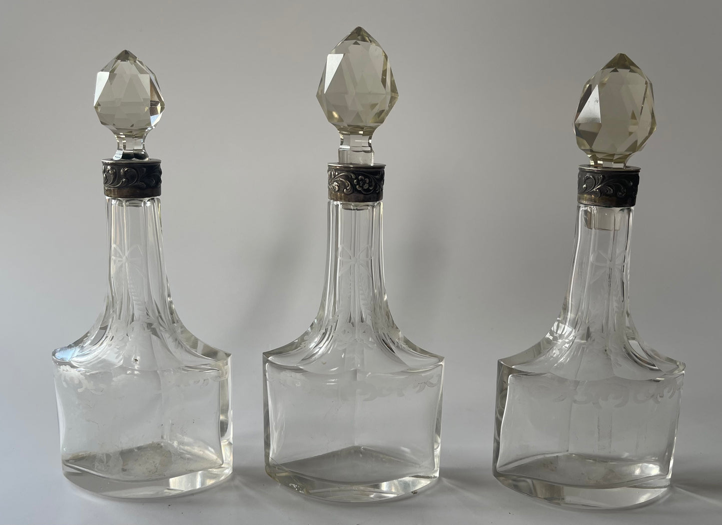 Antique Victorian Sterling Silver & Crystal Perfume Trio